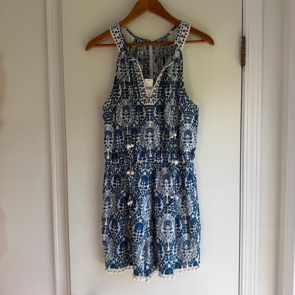 Ranna Gill Anthropologie Blue White Floral Cotton Romper Pom Pom Trim XS NWT